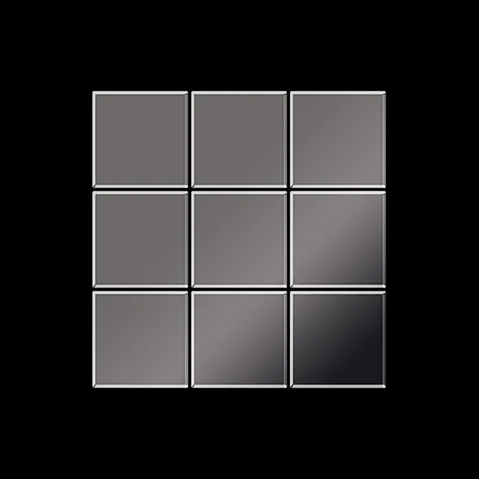 ALLOY Mosaikfliese Mosaik Fliese massiv Metall Titan hochglanz dunkelgrau 1,6mm Century-Ti-SM - 98 x 98 mm, Schwarz, Grau, Hochglänzend - Neun graue, metallische quadratische Fliesen in einem 3x3-Raster, mit dezentem Glanz und leicht abgeschrägten Kanten.
