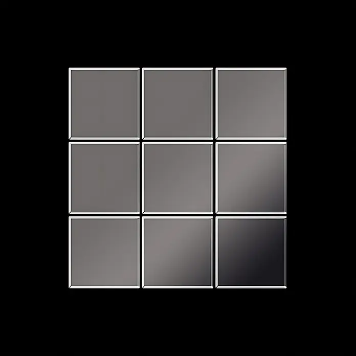 ALLOY Mosaikfliese Mosaik Fliese massiv Metall Titan hochglanz dunkelgrau 1,6mm Century-Ti-SM - 98 x 98 mm, Schwarz, Grau, Hochglänzend - Neun glänzende graue quadratische Fliesen mit weißen Rändern, in einem 3x3-Raster angeordnet.