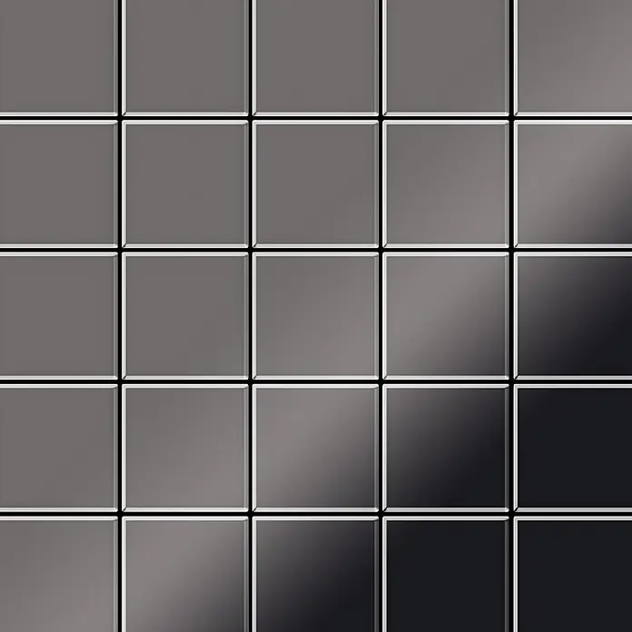 ALLOY Mosaikfliese Mosaik Fliese massiv Metall Titan hochglanz dunkelgrau 1,6mm Century-Ti-SM - 98 x 98 mm, Schwarz, Grau, Hochglänzend - Gitter aus glänzenden Quadratfliesen mit Grau-Schwarz-Verlauf.