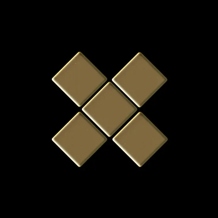 ALLOY Mosaikfliese Mosaik Fliese massiv Titan hochglänzend gold 1,6mm stark Diamond-Ti-GM - 319 x 319 mm, Gold, Hochglänzend - Geprägte goldene quadratische Fliesen, die eine X-Form auf schwarzem Hintergrund bilden.