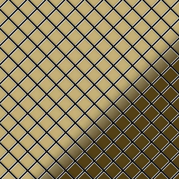 ALLOY Mosaikfliese Mosaik Fliese massiv Titan hochglänzend gold 1,6mm stark Diamond-Ti-GM - 319 x 319 mm, Gold, Hochglänzend - Rautenförmige Fliesen mit schwarzem Gitter, die von hellem Beige zu Dunkelbraun übergehen und einen Farbverlauf erzeugen.