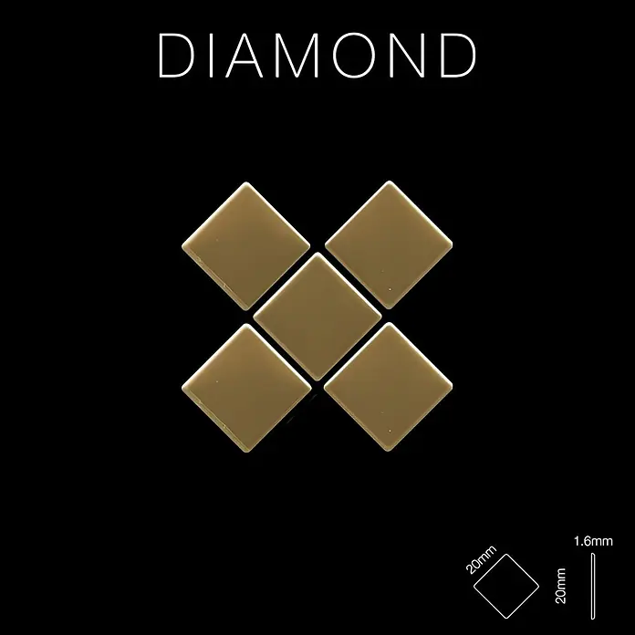 ALLOY Mosaikfliese Mosaik Fliese massiv Titan hochglänzend gold 1,6mm stark Diamond-Ti-GM - 319 x 319 mm, Gold, Hochglänzend - Sechs goldene, glänzende quadratische Fliesen, 20x20mm und 1,6mm dick, kreuzförmig angeordnet.