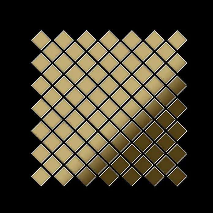 ALLOY Mosaikfliese Mosaik Fliese massiv Titan hochglänzend gold 1,6mm stark Diamond-Ti-GM - 319 x 319 mm, Gold, Hochglänzend - Metallische gold- und bronzefarbene quadratische Mosaikfliesen in einem diagonalen Farbverlaufsmuster.