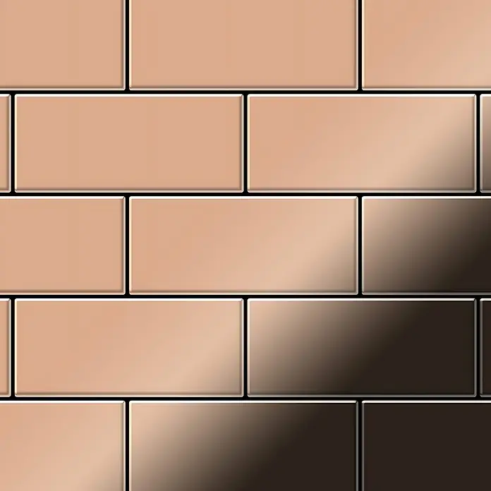 ALLOY Mosaikfliese Mosaik Fliese massiv Metall Kupfer gewalzt Kupfer 1,6mm stark Subway-CM - 76 x 152 mm, Bronze, Sonstiges - Glänzende rechteckige Fliesen im versetzten Muster, die von Hellbeige zu Dunkelbronze an einer Wand übergehen.