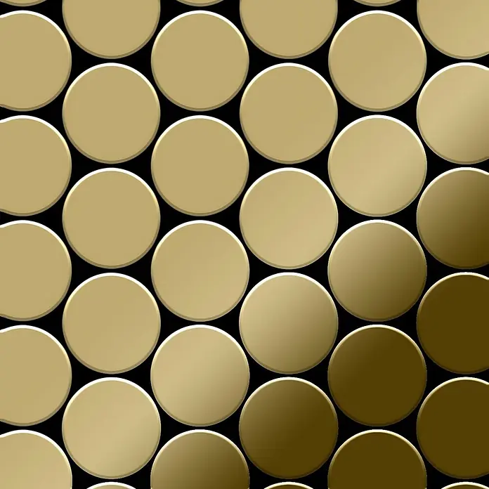 ALLOY Mosaikfliese Mosaik Fliese massiv Titan hochglänzend gold 1,6mm stark Medallion-Ti-GM - 313 x 256 mm, Gold, Hochglänzend - Nahtloses Muster aus metallisch goldenen runden Kacheln mit subtilen Hell-Dunkel-Verläufen.
