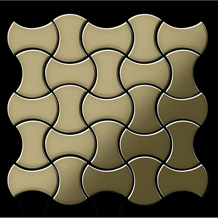 ALLOY Mosaikfliese Mosaik Fliese massiv Metall Messing gewalzt gold 1,6mm stark Infinit-BM - 322 x 322 mm, Gold, Sonstiges - Glatte, olivgrüne ineinandergreifende Dekorfliesen mit weißen Umrissen, wellenförmiges Gittermuster.