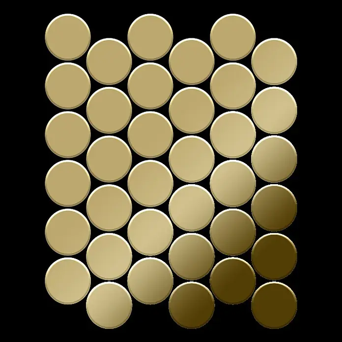 ALLOY Mosaikfliese Mosaik Fliese massiv Titan hochglänzend gold 1,6mm stark Medallion-Ti-GM - 313 x 256 mm, Gold, Hochglänzend - Anordnung goldener runder Fliesen mit einem Hell-Dunkel-Verlauf.