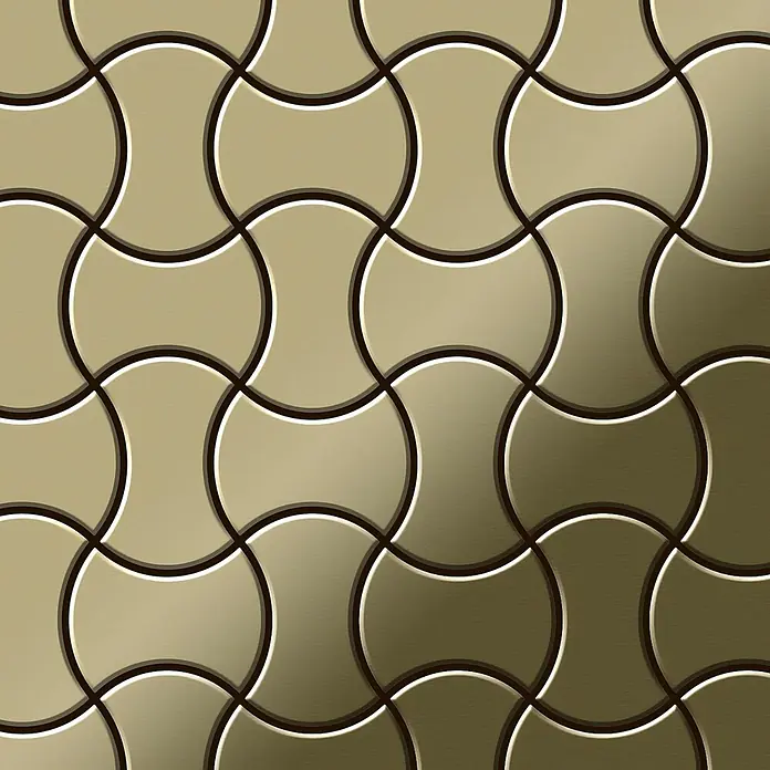 ALLOY Mosaikfliese Mosaik Fliese massiv Metall Messing gewalzt gold 1,6mm stark Infinit-BM - 322 x 322 mm, Gold, Sonstiges - Nahtloses Dekorationsmuster aus ineinandergreifenden mattgold-bronzenen Fliesen mit geprägter Metalloberfläche.