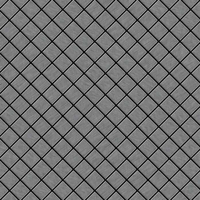 ALLOY Mosaikfliese Mosaik Fliese massiv Edelstahl gebürstet grau 1,6mm stark Diamond-S-S-B - 319 x 319 mm, Grau, Silber, Sonstiges - Graues, gebürstetes Metallfliesenmuster, rautenförmig, mit schwarzen Trennlinien.