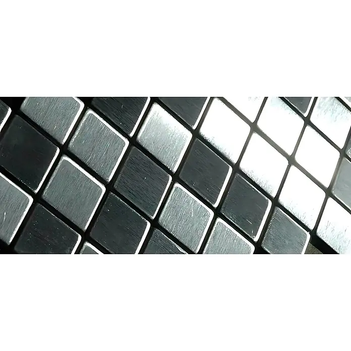 ALLOY Mosaikfliese Mosaik Fliese massiv Edelstahl gebürstet grau 1,6mm stark Diamond-S-S-B - 319 x 319 mm, Grau, Silber, Sonstiges - Diagonales Muster aus metallischen Quadratfliesen in Grau- und Silbertönen mit gebürsteter Textur.