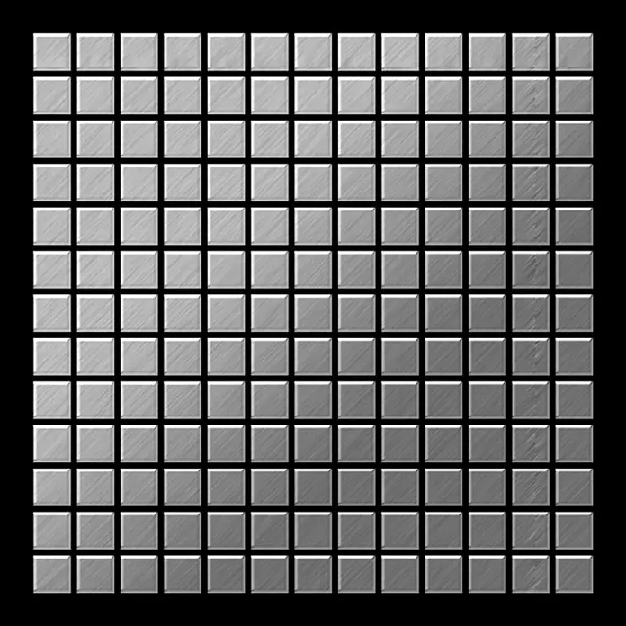 ALLOY Mosaikfliese Mosaik Fliese massiv Edelstahl gebürstet grau 1,6mm stark Mosaic-S-S-B - 322 x 322 mm, Grau, Silber, Sonstiges - Gebürstete Silbermetallquadrate bilden ein Gittermuster.