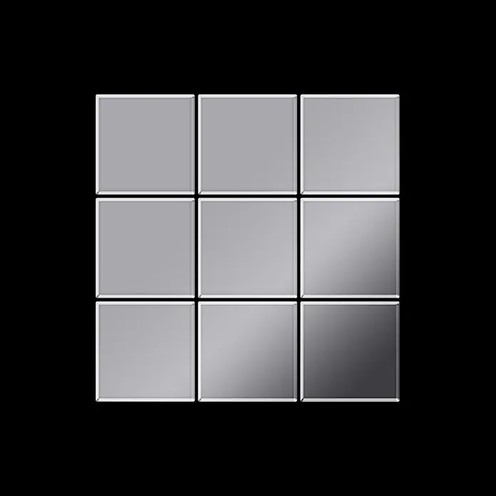 ALLOY Mosaikfliese Mosaik Fliese massiv Metall Edelstahl hochglanz grau 1,6mm Century-S-S-M - 98 x 98 mm, Grau, Silber, Hochglänzend - Neun glänzende graue quadratische Fliesen in einem 3x3-Gitter, eine Fliese dunkler.