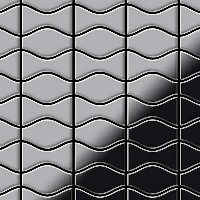 ALLOY Mosaikfliese Mosaik Fliese massiv Edelstahl marine hochglanz Kismet & Karma-S-S-MM - 299 x 299 mm, Grau, Silber, Blau, Hochglänzend - Geprägtes 3D-Fliesenmuster mit welligen Rechtecken und Farbverlauf von Hellgrau zu Dunkelgrau/Schwarz, getrennt durch ein schwarzes Gitter.