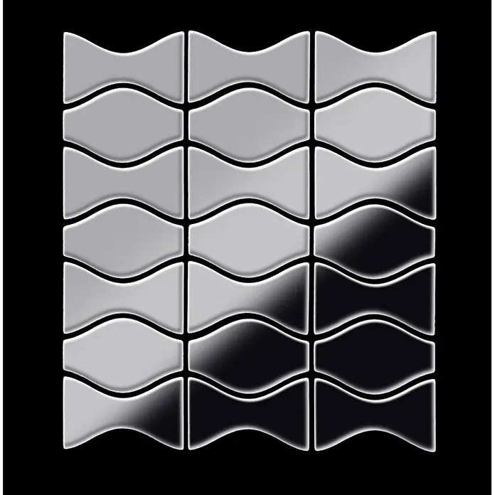 ALLOY Mosaikfliese Mosaik Fliese massiv Edelstahl marine hochglanz Kismet & Karma-S-S-MM - 299 x 299 mm, Grau, Silber, Blau, Hochglänzend - Metallische Mosaikfliesen in Wellenform mit Silber-Schwarz-Farbverlauf.