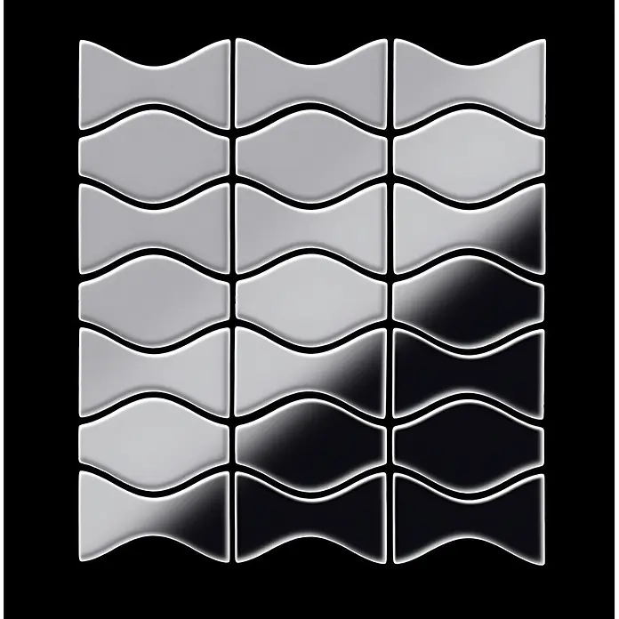 ALLOY Mosaikfliese Mosaik Fliese massiv Edelstahl marine hochglanz Kismet & Karma-S-S-MM - 299 x 299 mm, Grau, Silber, Blau, Hochglänzend - Glänzende, wellenförmige Mosaikfliesen in einem Rastermuster, die von Hellgrau zu Schwarz übergehen.