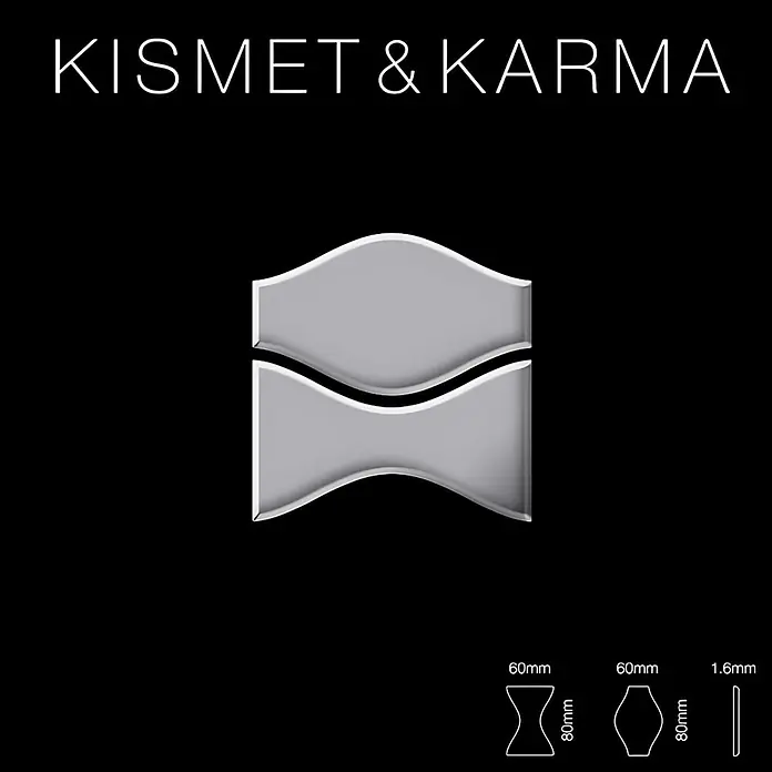 ALLOY Mosaikfliese Mosaik Fliese massiv Edelstahl marine hochglanz Kismet & Karma-S-S-MM - 299 x 299 mm, Grau, Silber, Blau, Hochglänzend - Zwei ineinandergreifende, geschwungene graue Teile, die eine Sanduhrform bilden. Technische Profile zeigen 60x80mm Maße und 1,6mm Dicke.