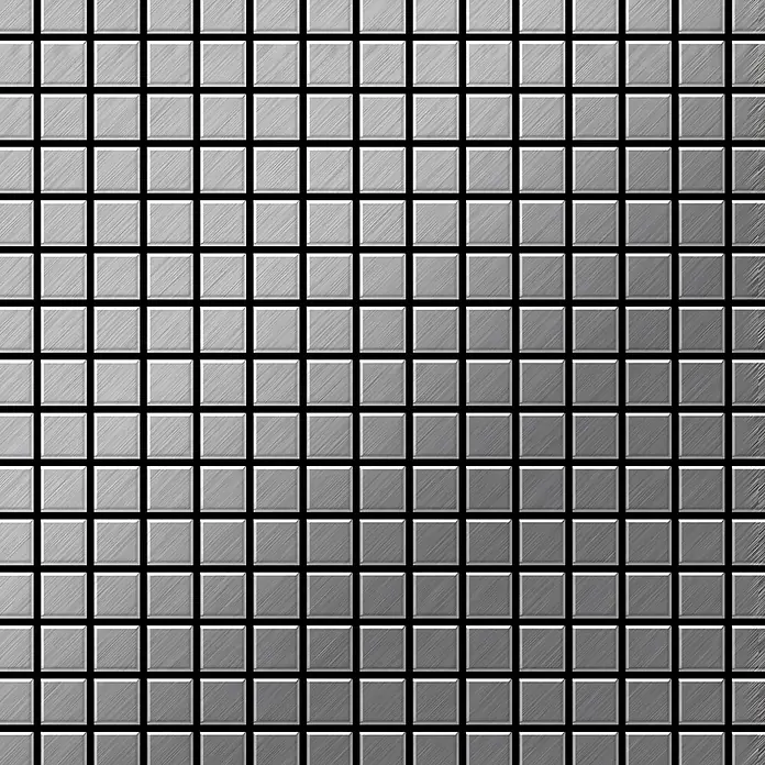 ALLOY Mosaikfliese Mosaik Fliese massiv Edelstahl gebürstet grau 1,6mm stark Mosaic-S-S-B - 322 x 322 mm, Grau, Silber, Sonstiges - Muster aus gebürsteten quadratischen Metallfliesen in einem Raster mit dunklen Fugen.