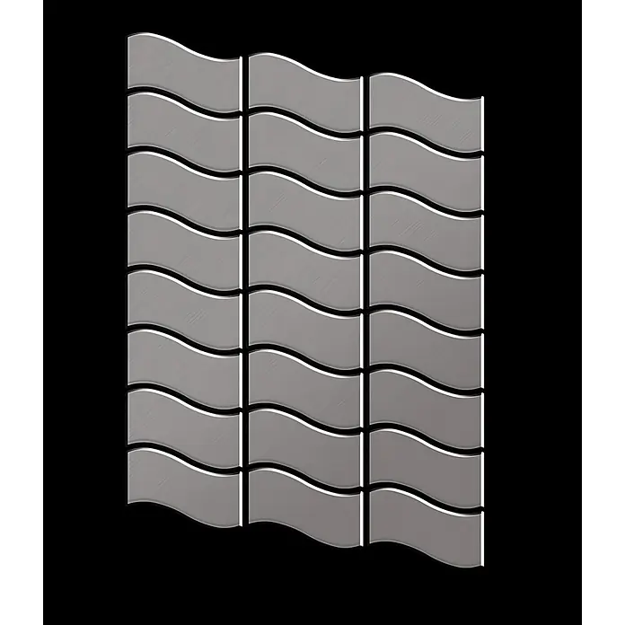 ALLOY Mosaikfliese Mosaik Fliese massiv Titan gebürstet dunkelgrau 1,6mm stark Flux-Ti-SB - 318 x 305 mm, Schwarz, Grau, Sonstiges - Graue, gebürstete Metall-Wandfliesen mit Wellenmuster, vertikal angeordnet.