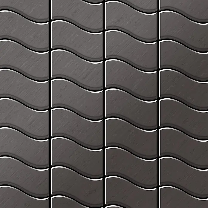 ALLOY Mosaikfliese Mosaik Fliese massiv Titan gebürstet dunkelgrau 1,6mm stark Flux-Ti-SB - 318 x 305 mm, Schwarz, Grau, Sonstiges - Muster aus dunkelgrauen Wellenfliesen mit gebürsteter Metalltextur, akzentuiert mit weißen und schwarzen Umrissen.