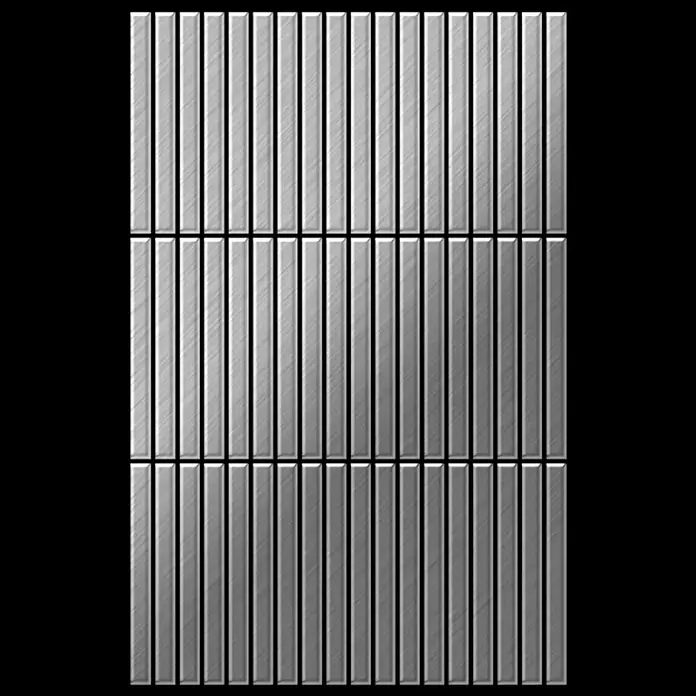 ALLOY Mosaikfliese Mosaik Fliese massiv Edelstahl marine gebürstet grau 1,6mm Linear-S-S-MB - 316 x 297 mm, Grau, Silber, Blau, Sonstiges - Muster aus gebürsteten, silbernen, vertikalen rechteckigen Metallstäben in einem Gitter angeordnet.