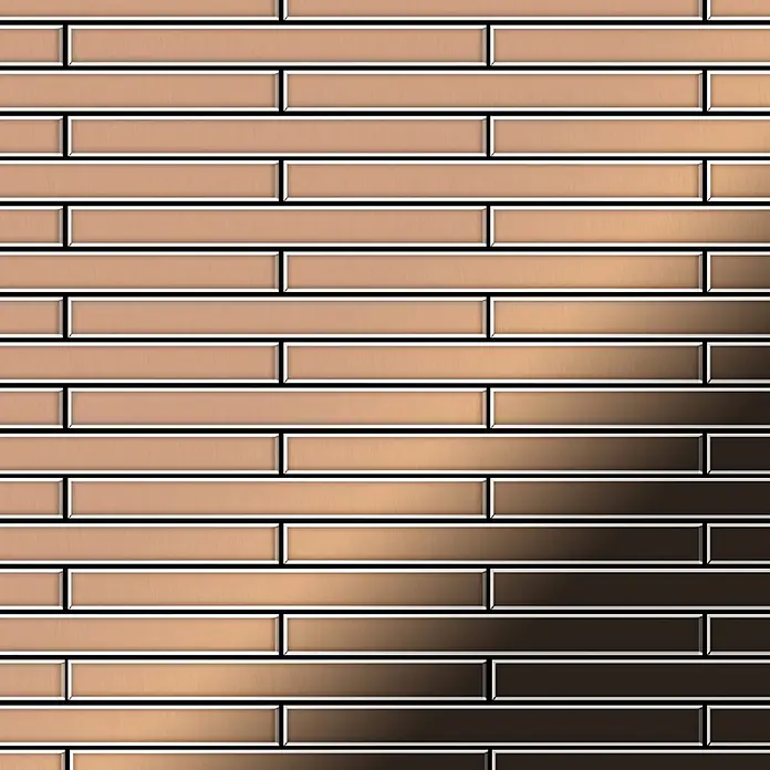 ALLOY Mosaikfliese Mosaik Fliese massiv Metall Kupfer gewalzt kupfer 1,6mm stark Avenue-CM - 289 x 315 mm, Bronze, Sonstiges - Rechteckige Mosaikfliesen mit gestaffeltem Horizontalmuster, von hell- zu dunkelbraun verlaufend, ideal für moderne Wandgestaltung.