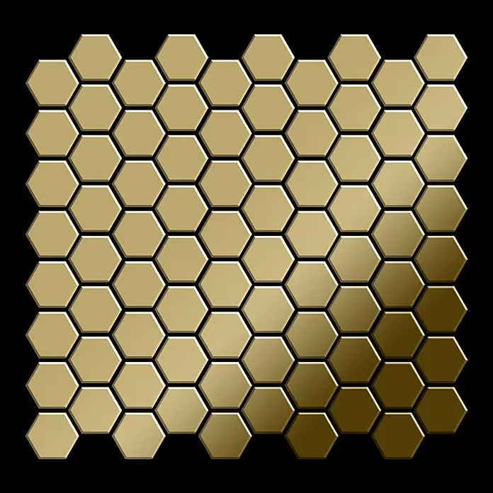 ALLOY Mosaikfliese Mosaik Fliese massiv Titan hochglänzend gold 1,6mm stark Honey-Ti-GM - 329 x 332 mm, Gold, Hochglänzend - Goldene sechseckige Fliesen mit Metallic-Finish und leichtem Farbverlauf.