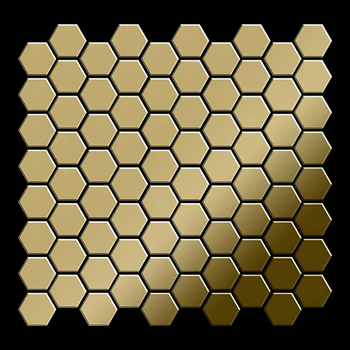 ALLOY Mosaikfliese Mosaik Fliese massiv Titan hochglänzend gold 1,6mm stark Honey-Ti-GM - 329 x 332 mm, Gold, Hochglänzend - Goldene sechseckige Fliesen in Wabenmuster, mit metallischem Glanz und Farbverlauf von hell- zu dunkelgold.