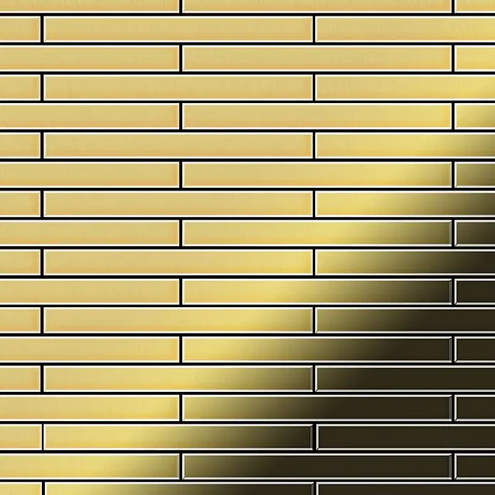 ALLOY Mosaikfliese Mosaik Fliese massiv Metall Messing gewalzt gold 1,6mm stark Avenue-BM - 289 x 315 mm, Gold, Sonstiges - Goldene, metallische Rechteckfliesen in horizontalem, versetztem Muster, mit Farbverlauf von hell- zu dunkelgold.