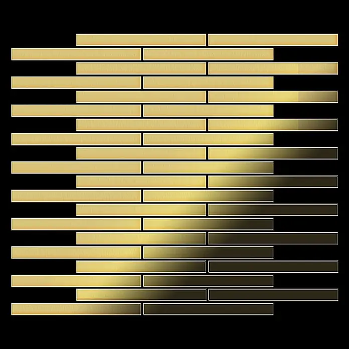 ALLOY Mosaikfliese Mosaik Fliese massiv Metall Messing gewalzt gold 1,6mm stark Avenue-BM - 289 x 315 mm, Gold, Sonstiges - Versetztes Mosaik aus gebürsteten goldenen Rechteckfliesen mit Hell-Dunkel-Gold-Verlauf.