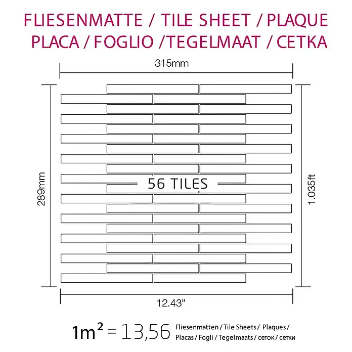 ALLOY Mosaikfliese Mosaik Fliese massiv Metall Titan hochglanz dunkelgrau 1,6mm Avenue-Ti-SM - 289 x 315 mm, Schwarz, Grau, Hochglänzend - Technische Zeichnung einer Fliesenmatte, 315x289mm (12.43x1.035ft), mit 56 einzelnen Fliesen.