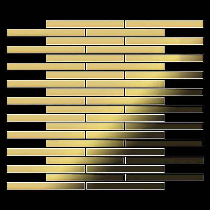 ALLOY Mosaikfliese Mosaik Fliese massiv Metall Messing gewalzt gold 1,6mm stark Avenue-BM - 289 x 315 mm, Gold, Sonstiges - Muster aus versetzten horizontalen goldenen Metallbalken mit subtilem dunklem Verlauf.