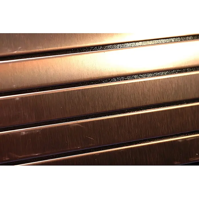 ALLOY Mosaikfliese Mosaik Fliese massiv Titan gebürstet kupfer 1,6mm stark Linear-Ti-AB - 316 x 297 mm, Bronze, Sonstiges - Parallele, gebürstete kupferfarbene Metallleisten mit dunklen, texturierten Zwischenräumen.