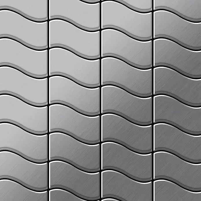 ALLOY Mosaikfliese Mosaik Fliese massiv Metall Edelstahl gebürstet grau 1,6mm stark Flux-S-S-B - 318 x 305 mm, Grau, Silber, Sonstiges - Nahtloses Muster aus gewellten, gebürsteten grauen Metallfliesen für eine moderne Oberfläche.