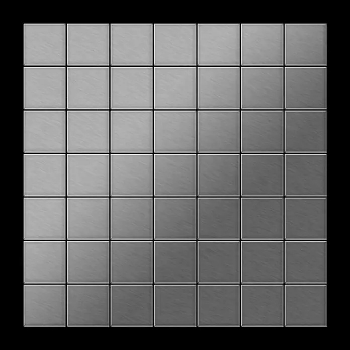ALLOY Mosaikfliese Mosaik Fliese massiv Edelstahl marine gebürstet grau 1,6mm Attica-S-S-MB - 295 x 295 mm, Grau, Silber, Blau, Sonstiges - Gitter aus gebürsteten, metallisch grauen Quadratfliesen, die einen Verlauf von hell nach dunkel zeigen.