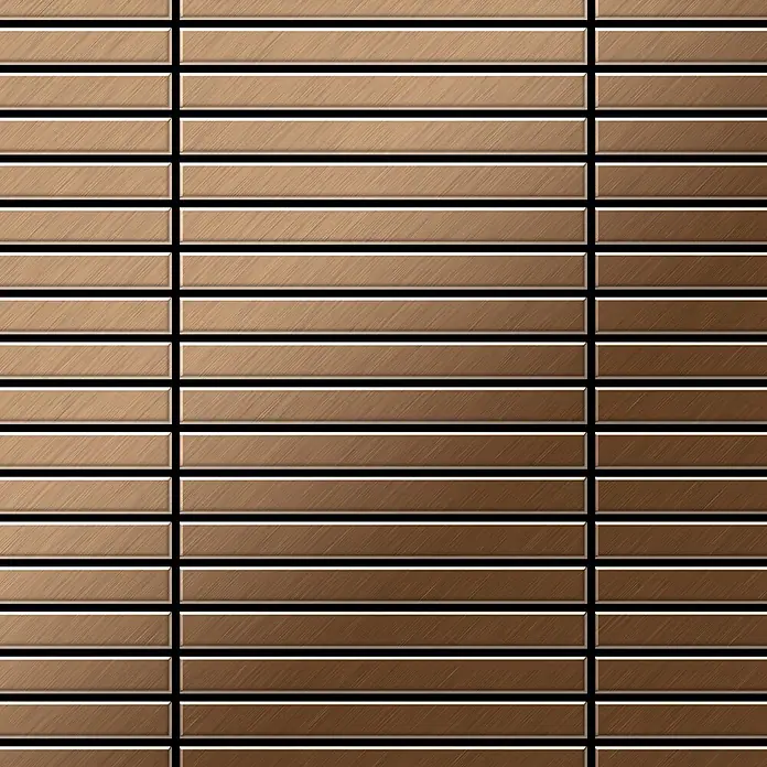 ALLOY Mosaikfliese Mosaik Fliese massiv Titan gebürstet kupfer 1,6mm stark Linear-Ti-AB - 316 x 297 mm, Bronze, Sonstiges - Horizontale bronzefarbene Lamellen mit gebürsteter Metallstruktur und Farbverlauf von hell nach dunkel.