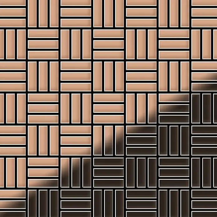 ALLOY Mosaikfliese Mosaik Fliese massiv Kupfer gewalzt kupfer 1,6mm stark Basketweave-CM - 288 x 288 mm, Bronze, Sonstiges - Glänzende, rechteckige Fliesen im Korbmuster, von Hell- zu Dunkelbraun verlaufend.