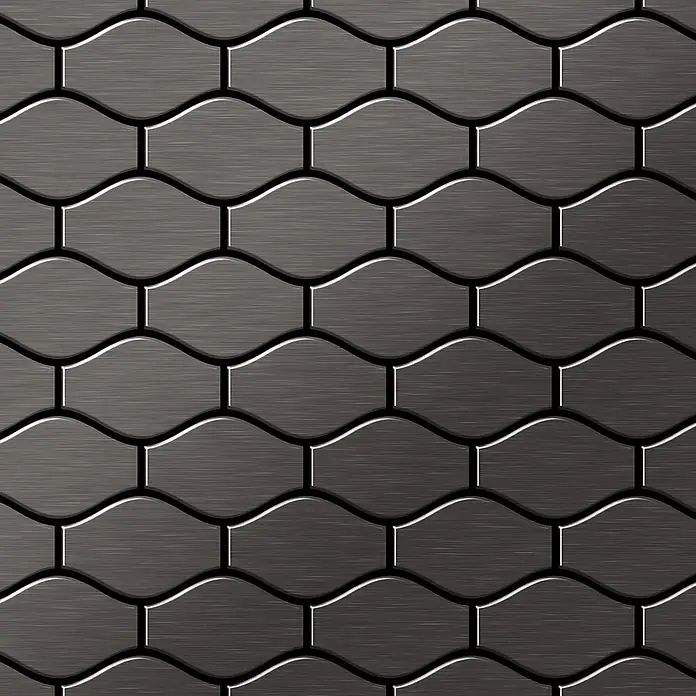 ALLOY Mosaikfliese Mosaik Fliese massiv Titan gebürstet dunkelgrau 1,6mm stark Karma-Ti-SB - 329 x 301 mm, Schwarz, Grau, Sonstiges - Nahtloses Muster aus dunkelgrauen, gebürsteten Metallfliesen mit ineinandergreifendem Wellenmuster.