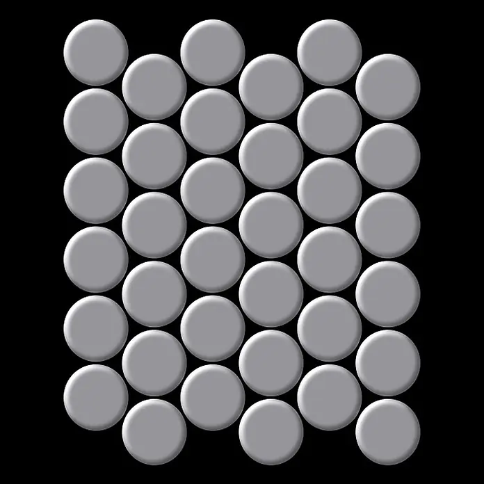 ALLOY Mosaikfliese Mosaik Fliese massiv Metall Edelstahl matt grau 1,6mm stark Dome-S-S-MA - 313 x 256 mm, Grau, Silber, Matt - Helles graues erhabenes Kreismuster auf schwarzem Hintergrund.