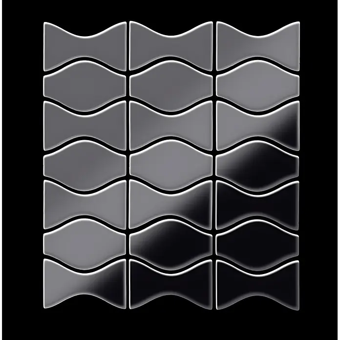 ALLOY Mosaikfliese Mosaik Fliese massiv Metall Titan hochglanz grau 1,6mm Kismet & Karma-Ti-SM - 299 x 299 mm, Schwarz, Grau, Hochglänzend - Gitter aus wellenförmigen, sanduhrförmigen Fliesen in Hell-Dunkel-Grau-Verlauf.