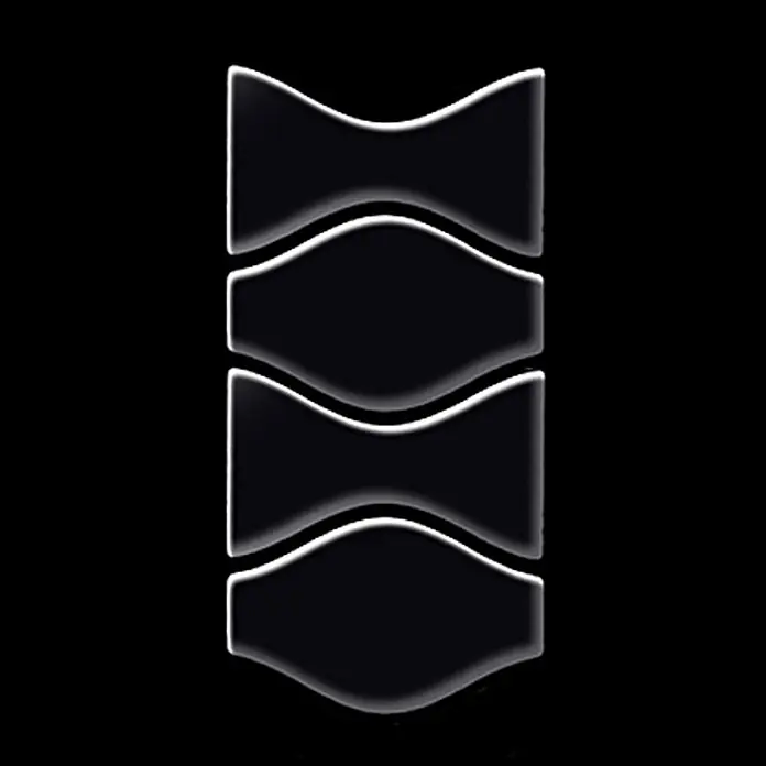 ALLOY Mosaikfliese Mosaik Fliese massiv Metall Titan hochglanz grau 1,6mm Kismet & Karma-Ti-SM - 299 x 299 mm, Schwarz, Grau, Hochglänzend - Vier schwarze, flexible, sanduhrförmige Polster, vertikal gestapelt, mit dezent glänzenden Kanten.