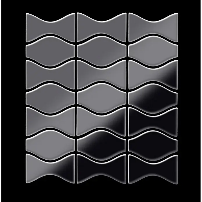 ALLOY Mosaikfliese Mosaik Fliese massiv Metall Titan hochglanz grau 1,6mm Kismet & Karma-Ti-SM - 299 x 299 mm, Schwarz, Grau, Hochglänzend - Glänzende Mosaikfliesen in Metalloptik mit wellenförmigen, ineinandergreifenden Formen, im Farbverlauf von Hellgrau zu Schwarz.