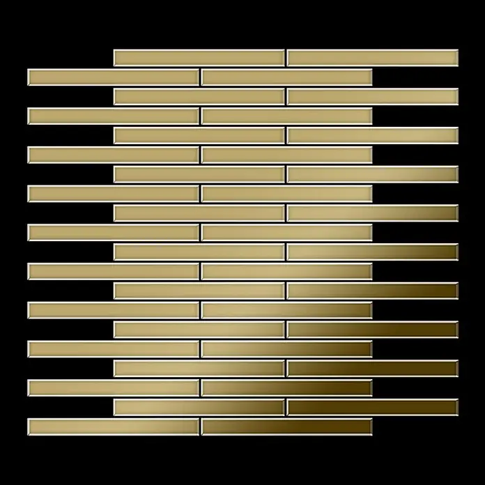 ALLOY Mosaikfliese Mosaik Fliese massiv Titan hochglänzend gold 1,6mm stark Deedee-Ti-GM - 316 x 247 mm, Gold, Hochglänzend - Goldene Metall-Mosaikfliesen in einem versetzten Rechteckmuster.