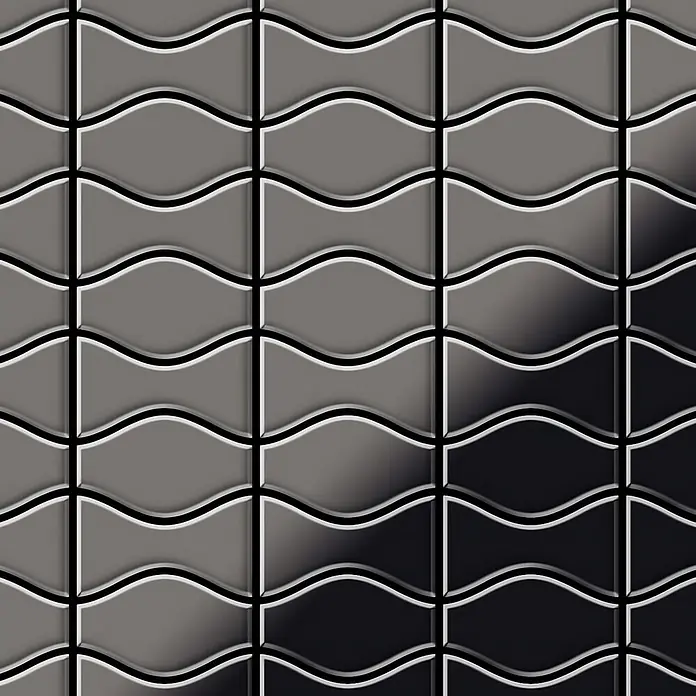 ALLOY Mosaikfliese Mosaik Fliese massiv Metall Titan hochglanz grau 1,6mm Kismet & Karma-Ti-SM - 299 x 299 mm, Schwarz, Grau, Hochglänzend - Muster aus grau bis schwarz gewellten Kacheln mit schwarzen Fugen und weißen Konturen, die eine strukturierte Oberfläche bilden.
