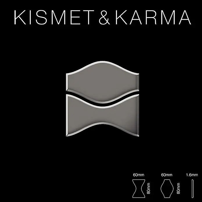 ALLOY Mosaikfliese Mosaik Fliese massiv Metall Titan hochglanz grau 1,6mm Kismet & Karma-Ti-SM - 299 x 299 mm, Schwarz, Grau, Hochglänzend - 3D graue modulare Sanduhrfliese mit gekrümmten, ineinandergreifenden Hälften, plus Maße für Sanduhr- und Sechskantfliesen und Dicke.