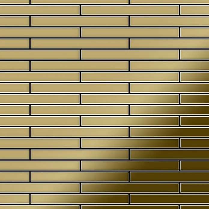 ALLOY Mosaikfliese Mosaik Fliese massiv Titan hochglänzend gold 1,6mm stark Deedee-Ti-GM - 316 x 247 mm, Gold, Hochglänzend - Goldene rechteckige Fliesen im versetzten Muster mit Hell-Dunkel-Verlauf.