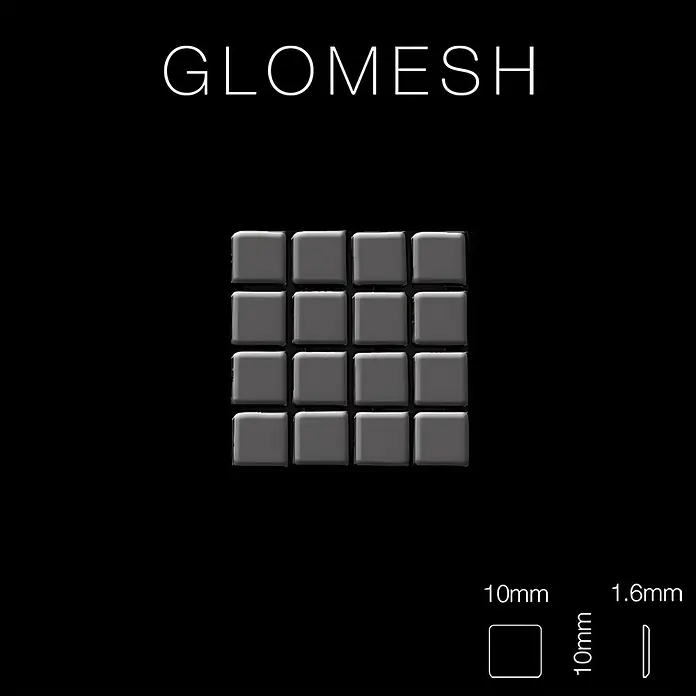 ALLOY Mosaikfliese Mosaik Fliese massiv Metall Titan hochglanz dunkelgrau 1,6mm Glomesh-Ti-SM - 316 x 316 mm, Schwarz, Grau, Hochglänzend - 16 dunkelgraue quadratische GLOMESH Fliesen, 10x10mm, 1.6mm dick, in einem Gitter angeordnet.