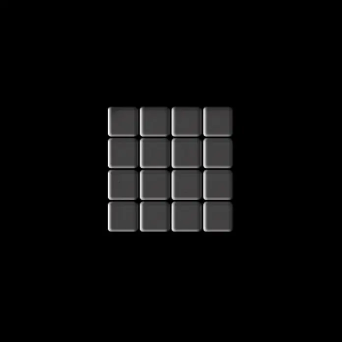 ALLOY Mosaikfliese Mosaik Fliese massiv Metall Titan hochglanz dunkelgrau 1,6mm Glomesh-Ti-SM - 316 x 316 mm, Schwarz, Grau, Hochglänzend - Ein 4x4-Raster aus sechzehn dunkelgrauen, abgerundeten quadratischen Kacheln mit subtiler Dimensionalität.