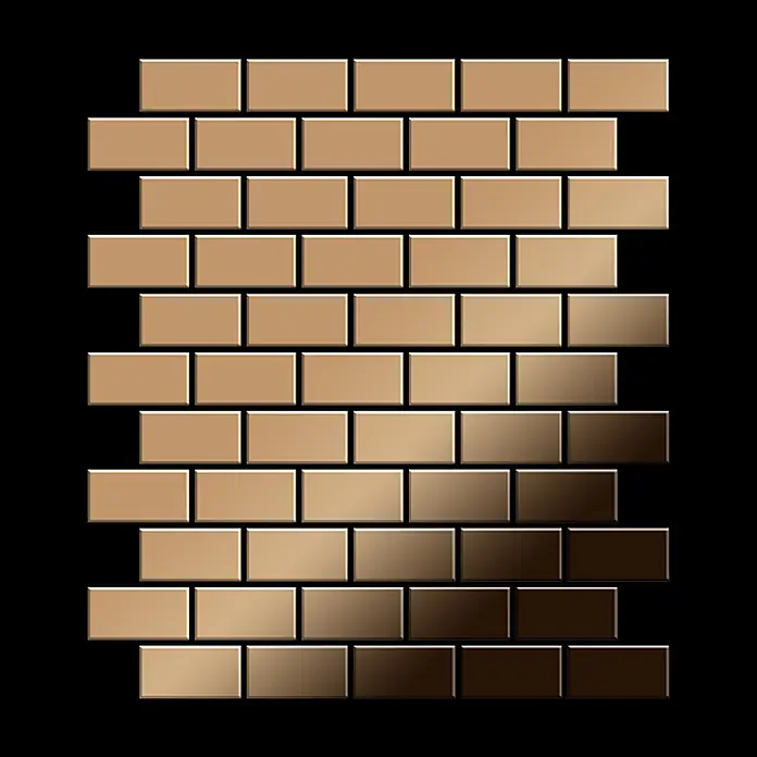 ALLOY Mosaikfliese Mosaik Fliese massiv Titan hochglänzend kupfer 1,6mm stark House-Ti-AM - 318 x 307 mm, Bronze, Hochglänzend - Rechteckige Mosaikfliesen mit Beige-Dunkelbraun-Verlauf im Ziegelmuster.