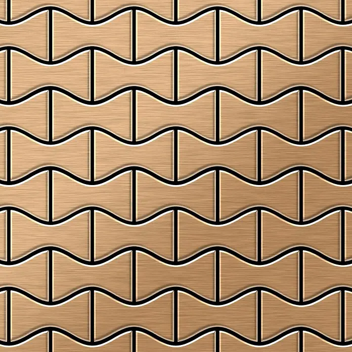 ALLOY Mosaikfliese Mosaik Fliese massiv Metall Titan gebürstet kupfer 1,6mm stark Kismet-Ti-AB - 329 x 299 mm, Bronze, Sonstiges - Nahtlose hellbraune Holzstruktur-Fliesen, die mit schwarzen und weißen Umrissen ein dekoratives Webmuster bilden.