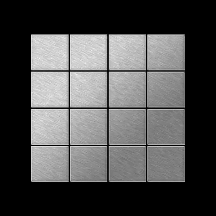 ALLOY Mosaikfliese Mosaik Fliese massiv Edelstahl gebürstet 1,6mm stark Cinquanta-S-S-B - 306 x 306 mm, Grau, Silber, Sonstiges - Quadratische, silbergraue Fliesen mit gebürsteter Metalltextur, in einem Raster angeordnet.